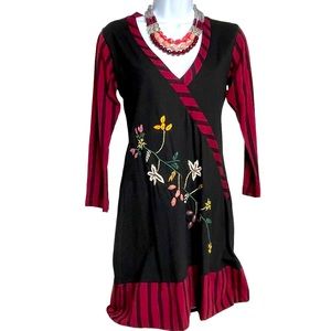 Collection Royal Cotton Embroidered Floral Striped VNeck Dress Sz L